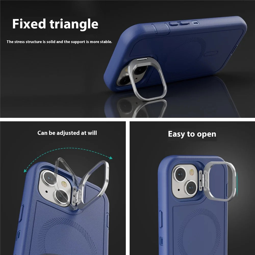 For iPhone 15 Magnetic Case Lens Kickstand 3 in 1 Detachable TPU + PC Phone Back Cover with Lanyard - Dark Blue - 6