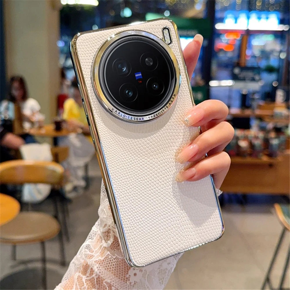 For vivo X200 Pro 5G Case Lizard Textured PU + PC Phone Back Cover Electroplating - White - 1