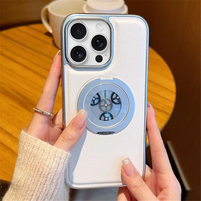 For iPhone 16 Pro Magnetic Case Rotating Kickstand Gear Stress Relief Leather Phone Back Cover - White - 5