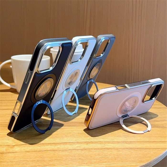 For iPhone 16 Pro Magnetic Case Rotating Kickstand Gear Stress Relief Leather Phone Back Cover - White - 7