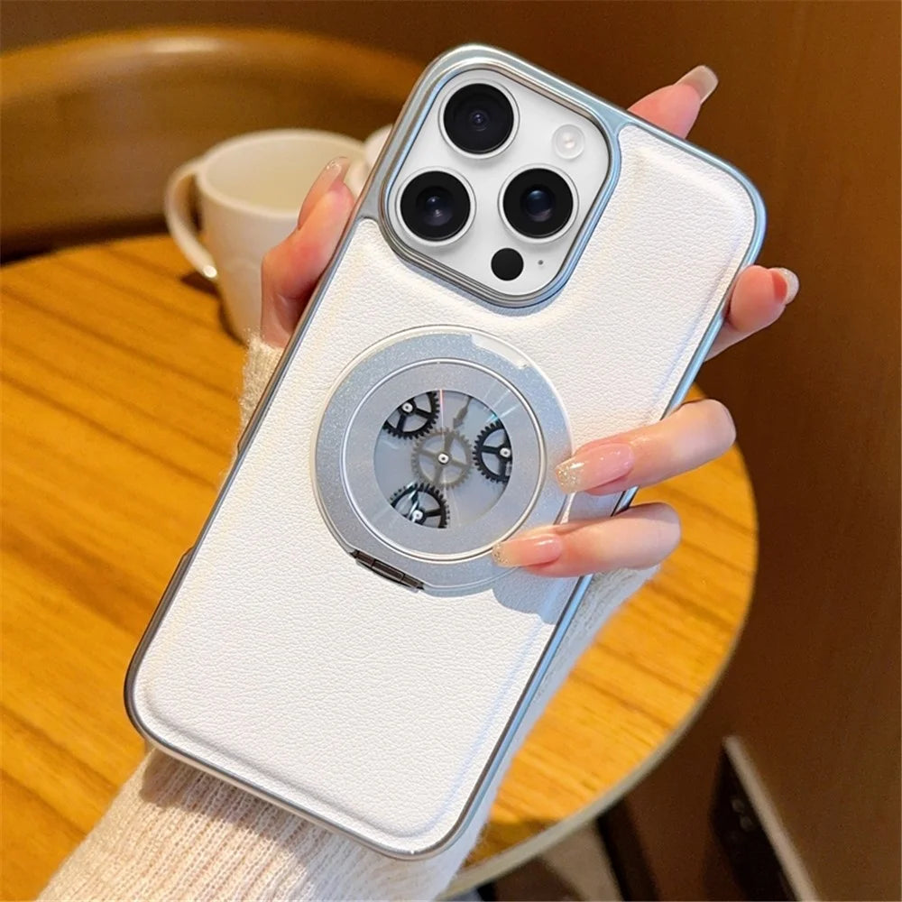 For iPhone 16 Pro Max Magnetic Case Rotating Kickstand Gear Stress Relief Leather Phone Back Cover - White - 4