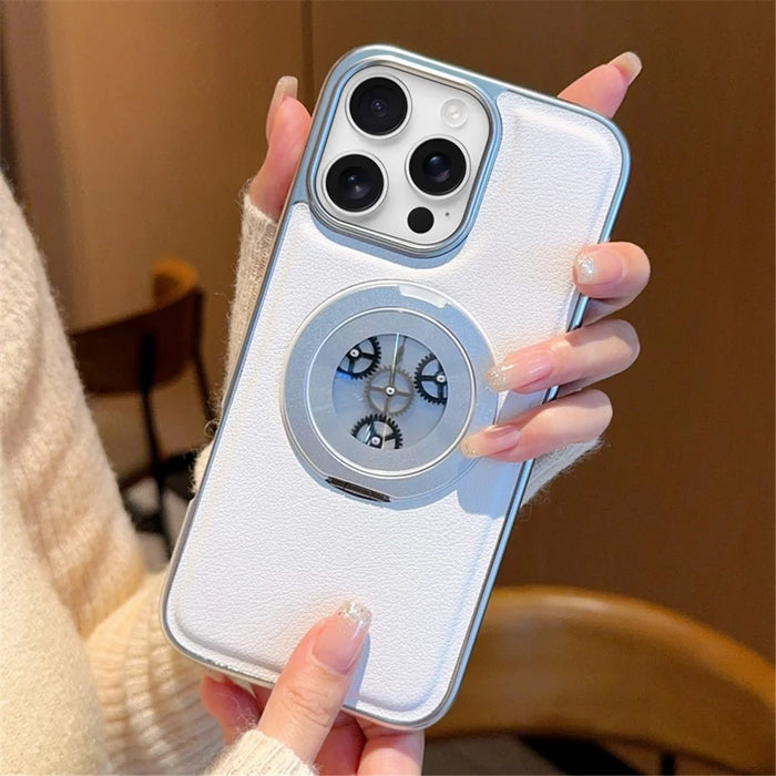 For iPhone 16 Pro Max Magnetic Case Rotating Kickstand Gear Stress Relief Leather Phone Back Cover - White - 6