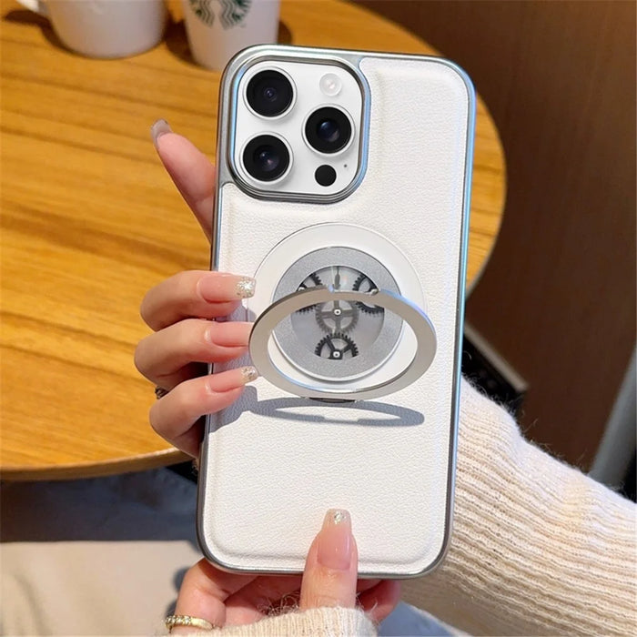 For iPhone 14 Pro Magnetic Case Rotating Kickstand Gear Stress Relief Leather Phone Back Cover - White - 2