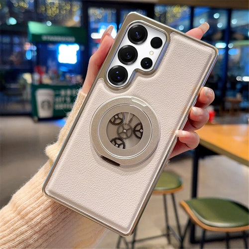 For Samsung Galaxy S24 Ultra Magnetic Case Rotating Kickstand Gear Stress Relief Leather Phone Back Cover - White - 1