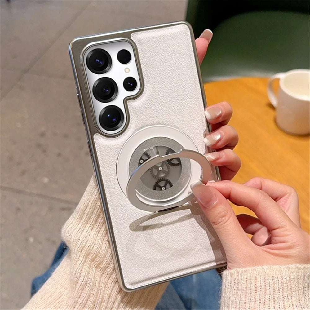 For Samsung Galaxy S24 Ultra Magnetic Case Rotating Kickstand Gear Stress Relief Leather Phone Back Cover - White - 2