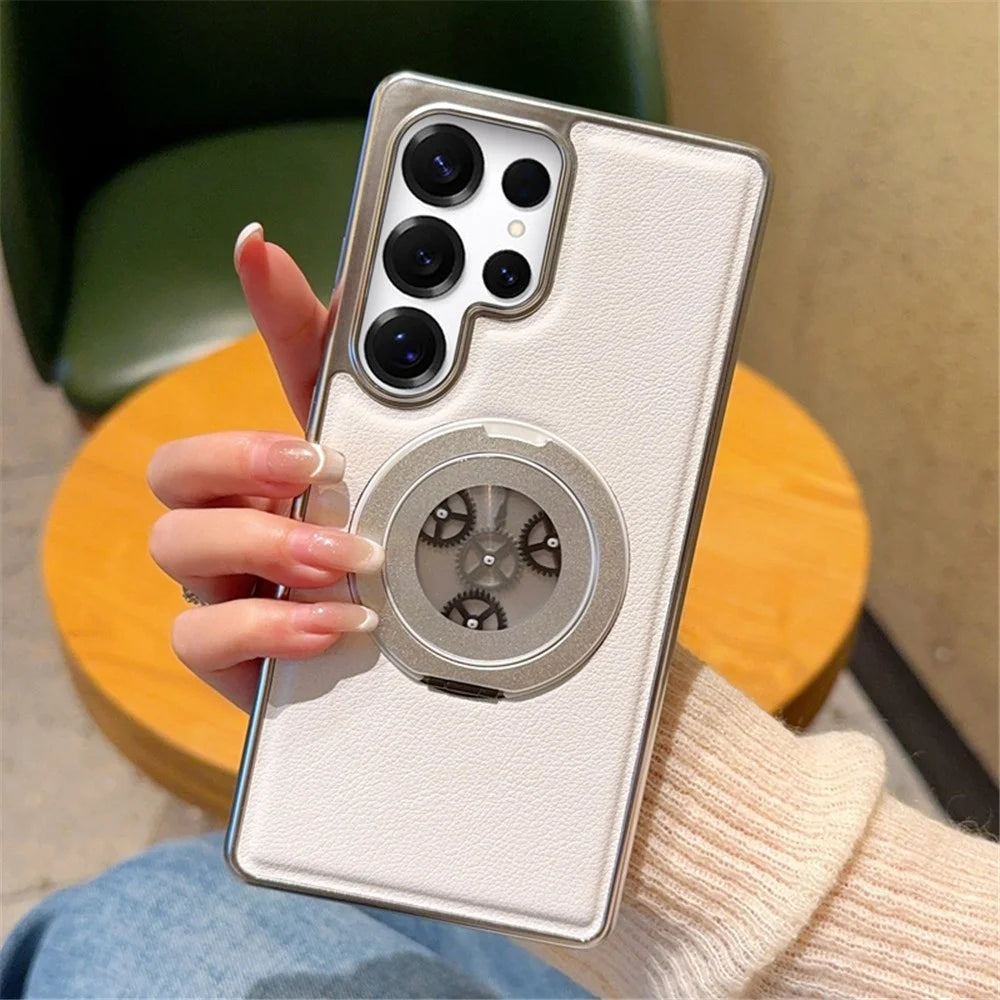 For Samsung Galaxy S24 Ultra Magnetic Case Rotating Kickstand Gear Stress Relief Leather Phone Back Cover - White - 3