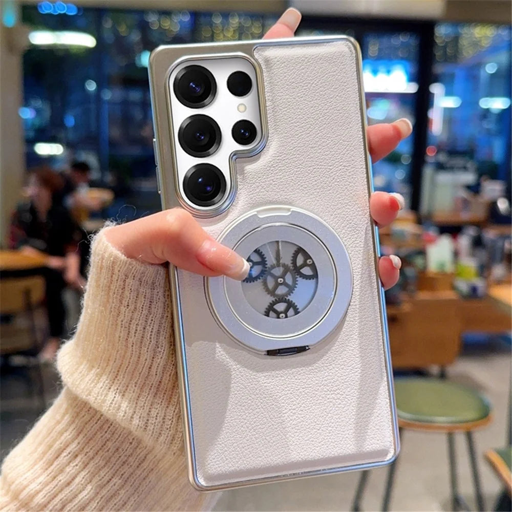 For Samsung Galaxy S24 Ultra Magnetic Case Rotating Kickstand Gear Stress Relief Leather Phone Back Cover - White - 4