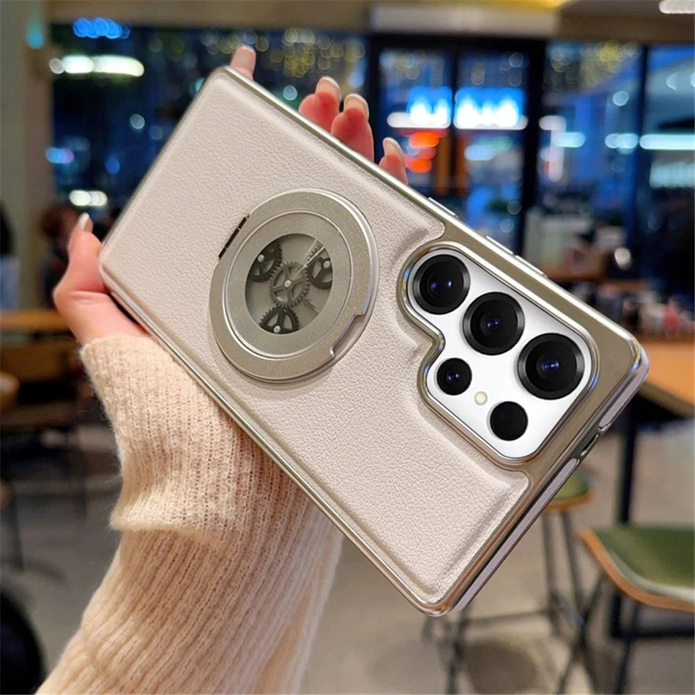 For Samsung Galaxy S24 Ultra Magnetic Case Rotating Kickstand Gear Stress Relief Leather Phone Back Cover - White - 5