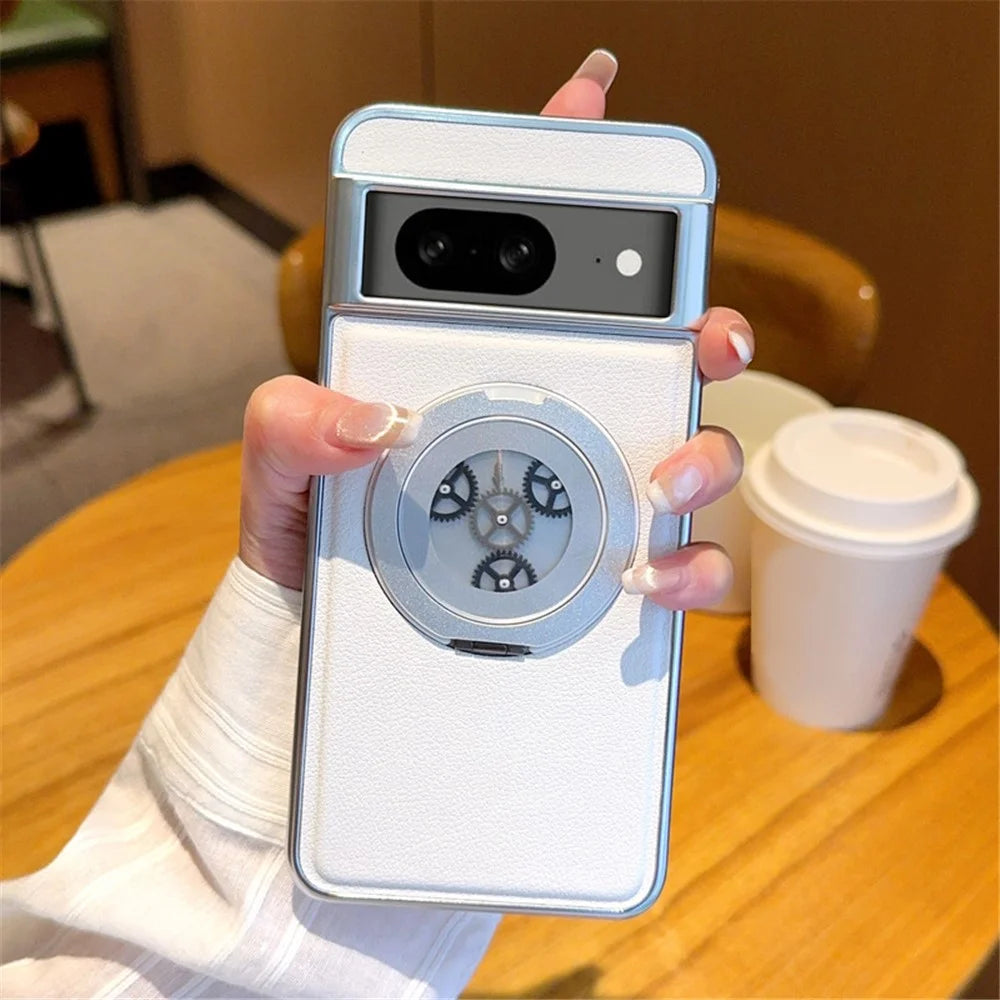 For Google Pixel 8 Magnetic Case Rotating Kickstand Gear Stress Relief Leather Phone Back Cover - White - 1