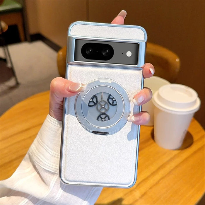 For Google Pixel 8 Magnetic Case Rotating Kickstand Gear Stress Relief Leather Phone Back Cover - White - 1