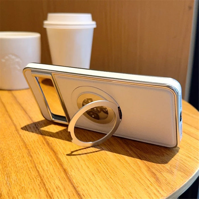 For Google Pixel 8 Magnetic Case Rotating Kickstand Gear Stress Relief Leather Phone Back Cover - White - 2