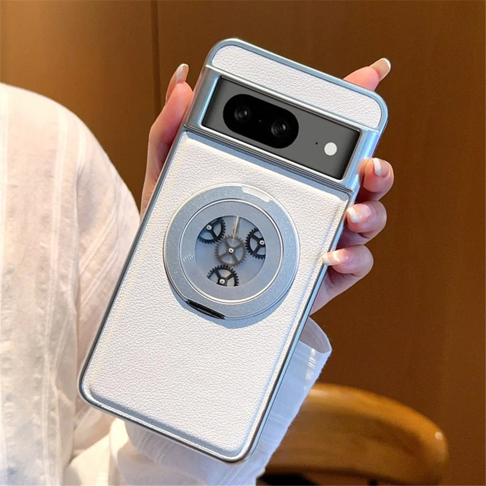 For Google Pixel 8 Magnetic Case Rotating Kickstand Gear Stress Relief Leather Phone Back Cover - White - 7