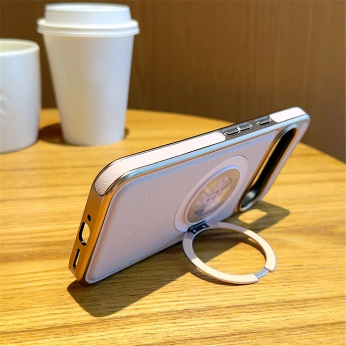 For Google Pixel 9 / Pixel 9 Pro Magnetic Case Rotating Kickstand Gear Stress Relief Leather Phone Back Cover - Pink - 2