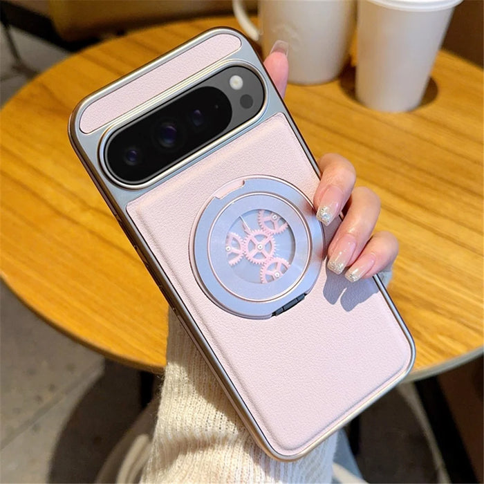 For Google Pixel 9 / Pixel 9 Pro Magnetic Case Rotating Kickstand Gear Stress Relief Leather Phone Back Cover - Pink - 4