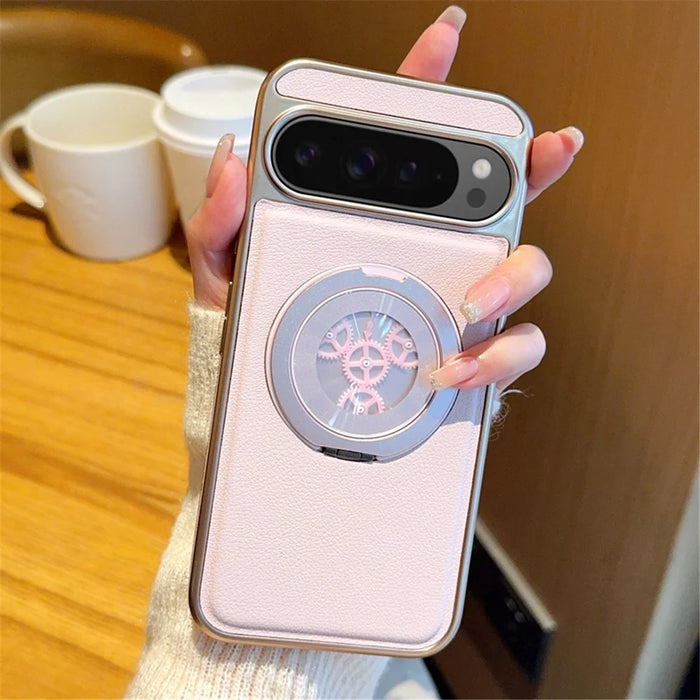 For Google Pixel 9 / Pixel 9 Pro Magnetic Case Rotating Kickstand Gear Stress Relief Leather Phone Back Cover - Pink - 5