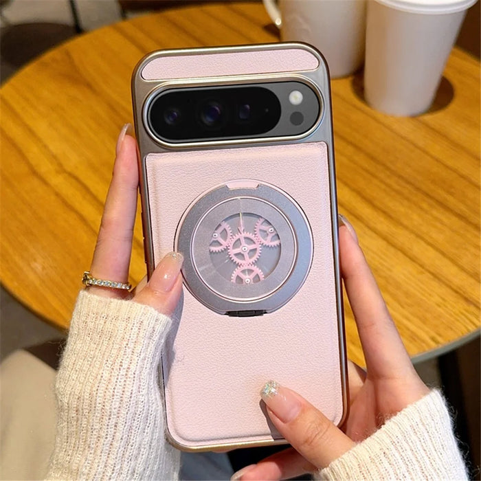 For Google Pixel 9 / Pixel 9 Pro Magnetic Case Rotating Kickstand Gear Stress Relief Leather Phone Back Cover - Pink - 6