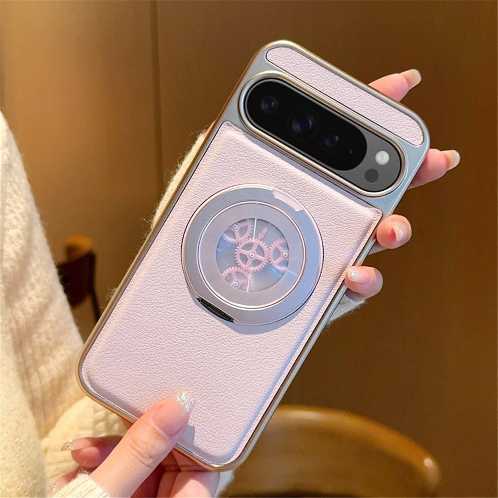 For Google Pixel 9 Pro XL Magnetic Case Rotating Kickstand Gear Stress Relief Leather Phone Back Cover - Pink - 7