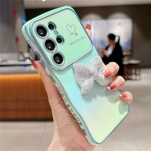 For Samsung Galaxy S25 Ultra Case Wave Edge Bow Decorated Soft TPU Phone Back Cover with Heart Pattern - Green - 1