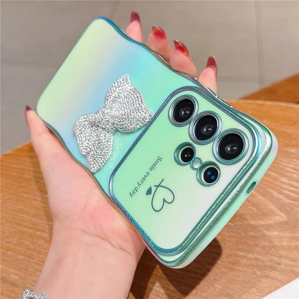 For Samsung Galaxy S25 Ultra Case Wave Edge Bow Decorated Soft TPU Phone Back Cover with Heart Pattern - Green - 2