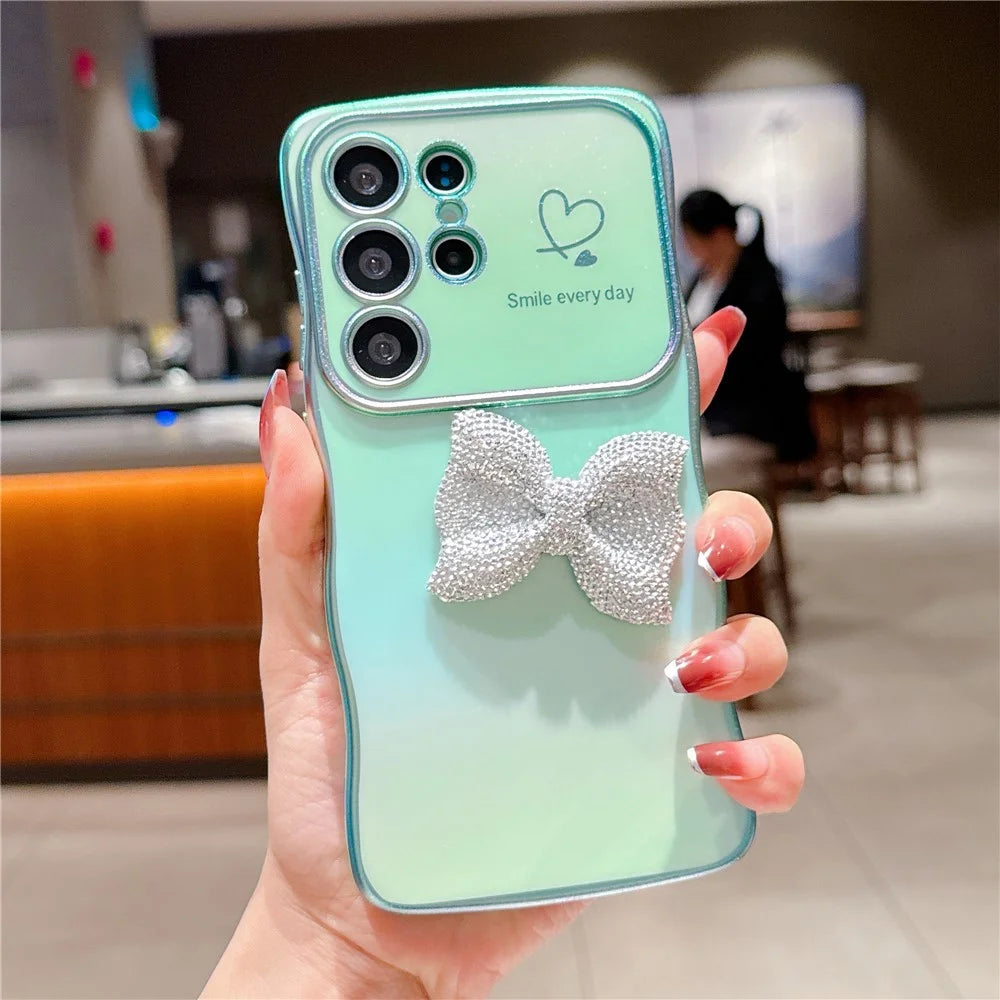For Samsung Galaxy S25 Ultra Case Wave Edge Bow Decorated Soft TPU Phone Back Cover with Heart Pattern - Green - 3
