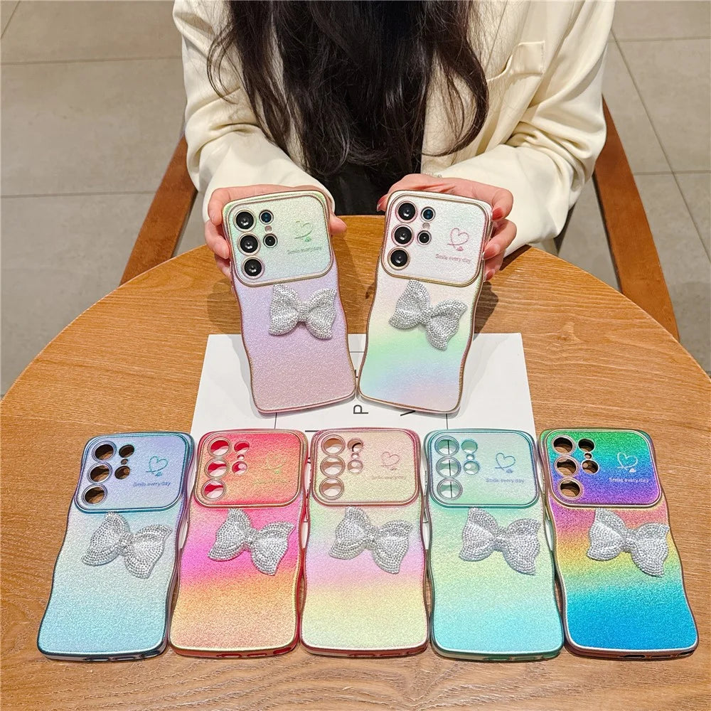 For Samsung Galaxy S25 Ultra Case Wave Edge Bow Decorated Soft TPU Phone Back Cover with Heart Pattern - Green - 5