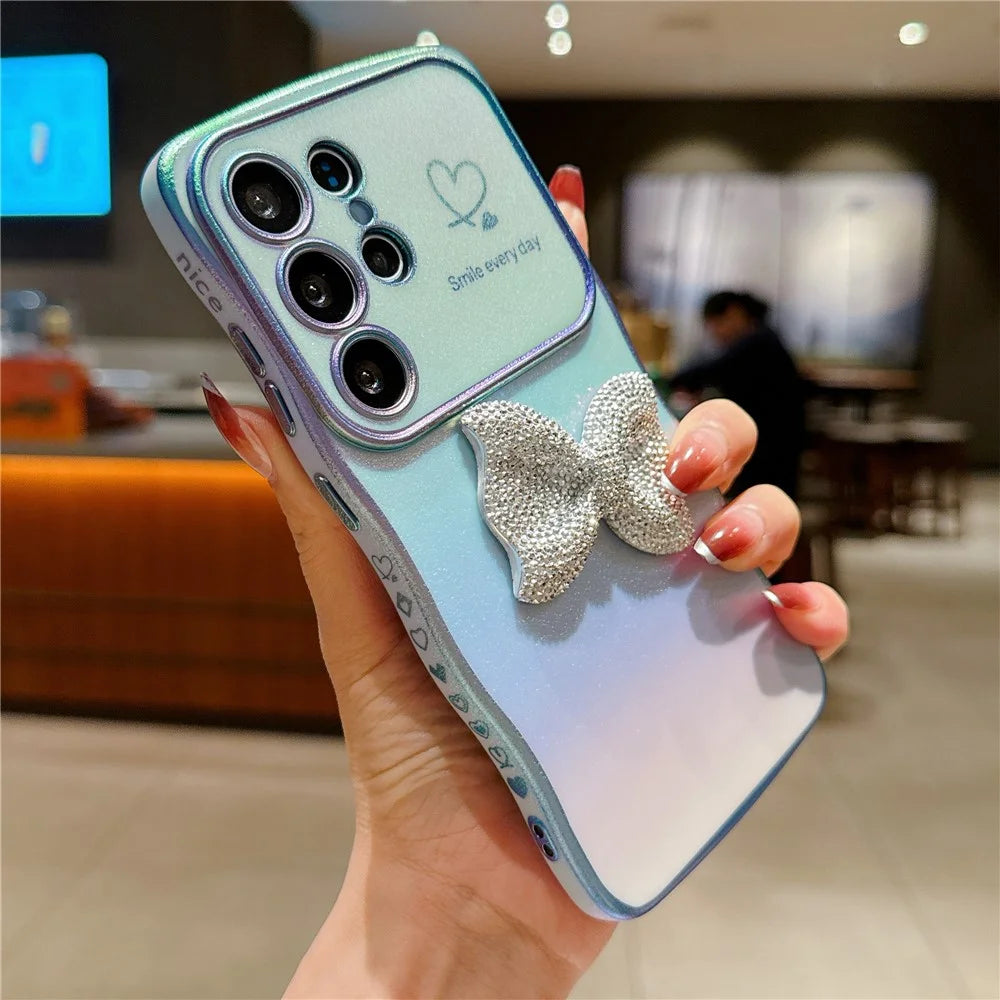 For Samsung Galaxy S24 Ultra Case Wave Edge Bow Decorated Soft TPU Phone Back Cover with Heart Pattern - Blue - 1