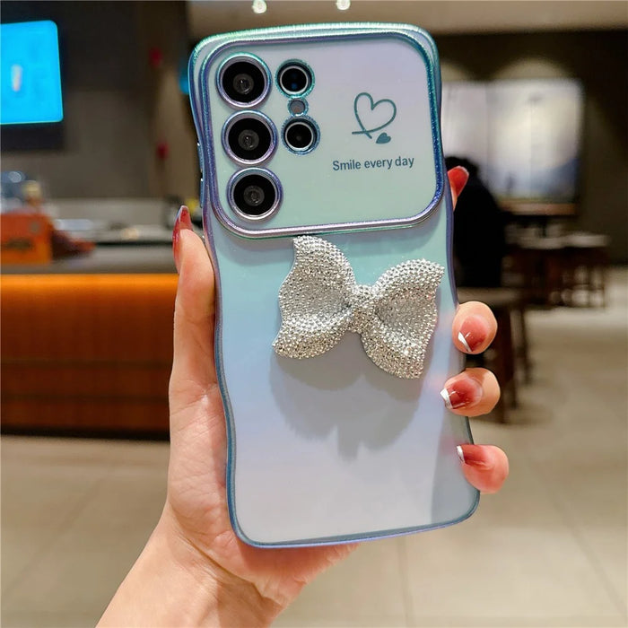 For Samsung Galaxy S24 Ultra Case Wave Edge Bow Decorated Soft TPU Phone Back Cover with Heart Pattern - Blue - 2
