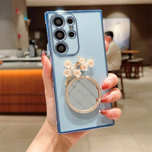 For Samsung Galaxy S25 Ultra Case with Plum Blossom Mirror Electroplating Edge Heart Pattern TPU Phone Cover - Blue - 1