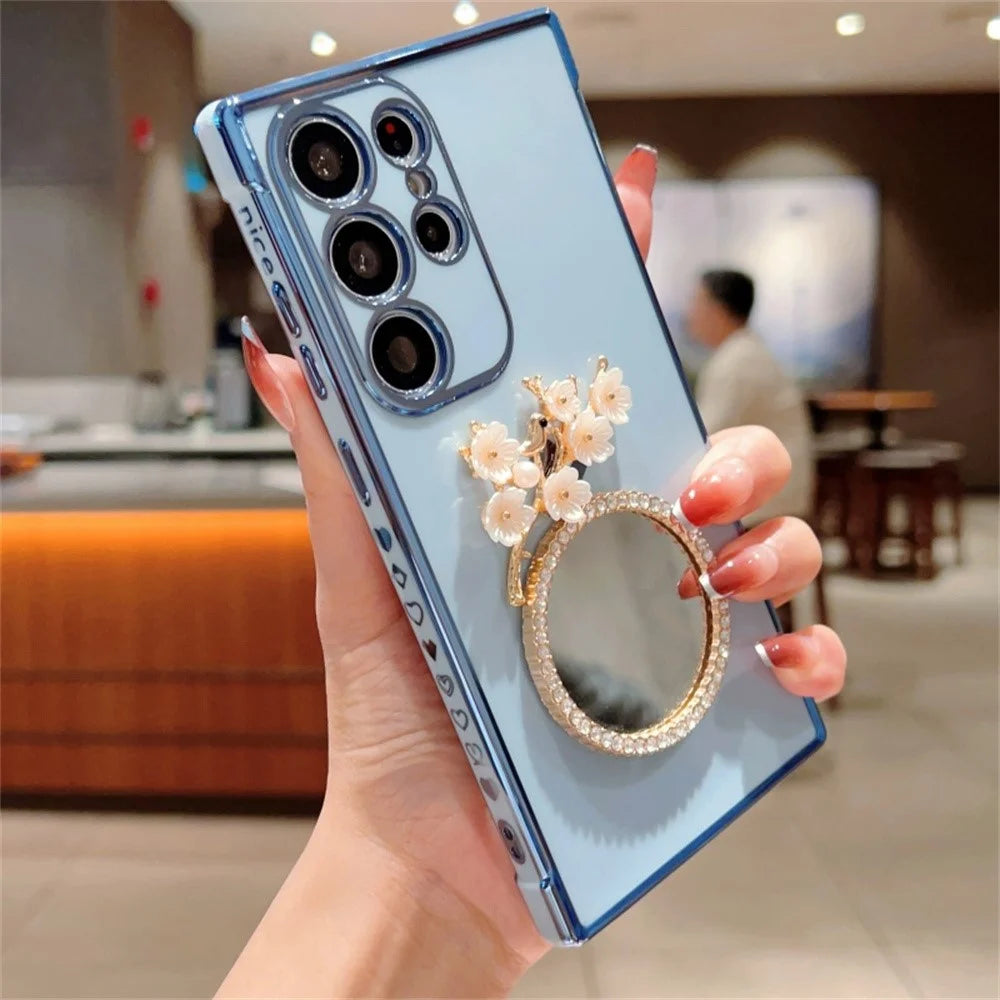 For Samsung Galaxy S25 Ultra Case with Plum Blossom Mirror Electroplating Edge Heart Pattern TPU Phone Cover - Blue - 2