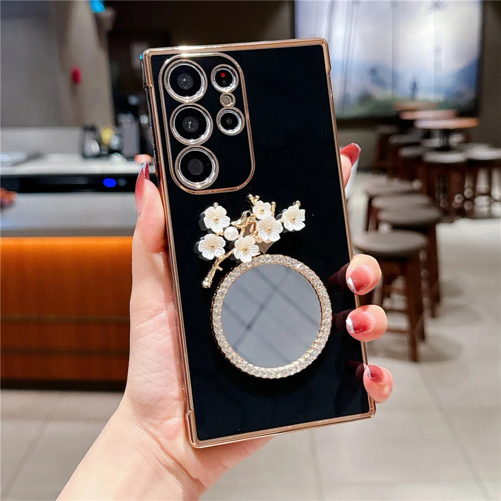 For Samsung Galaxy S24 Ultra Case with Plum Blossom Mirror Electroplating Edge Heart Pattern TPU Phone Cover - Black - 1