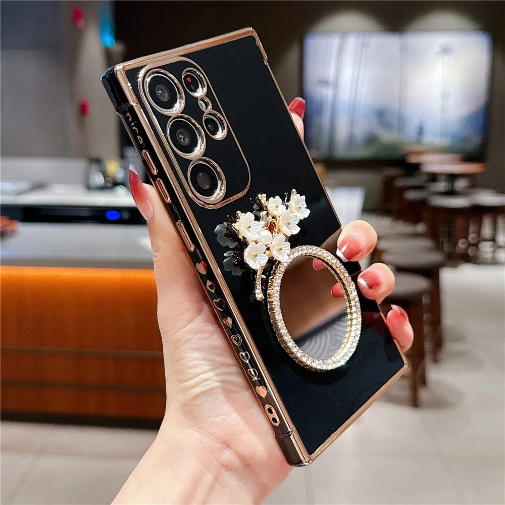 For Samsung Galaxy S24 Ultra Case with Plum Blossom Mirror Electroplating Edge Heart Pattern TPU Phone Cover - Black - 2