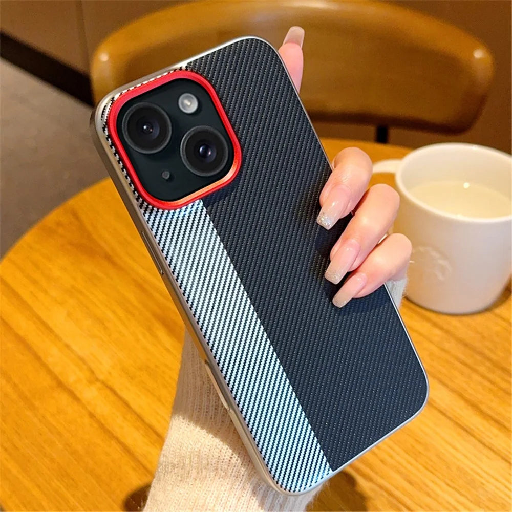 For iPhone 14 Case Camera-Style Carbon Fiber Texture Leather + PC Phone Cover - 1