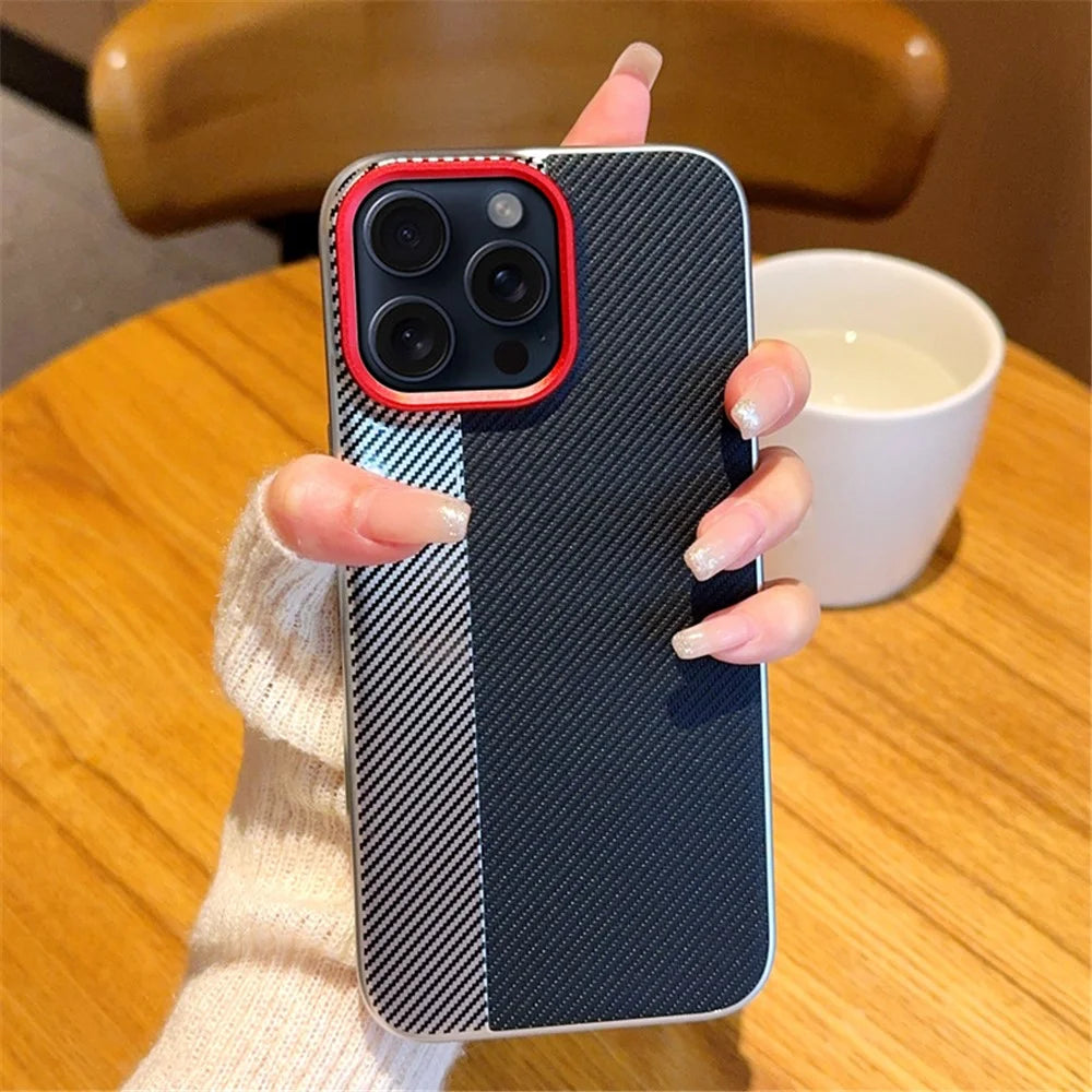 For iPhone 15 Pro Max Case Camera-Style Carbon Fiber Texture Leather + PC Phone Cover - 3