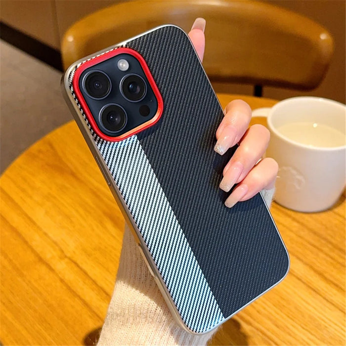 For iPhone 16 Pro Case Camera-Style Carbon Fiber Texture Leather + PC Phone Cover - 1
