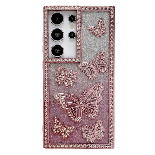 For Samsung Galaxy S25 Ultra Case Rhinestone Butterfly Decor TPU Phone Back Cover - Pink - 1