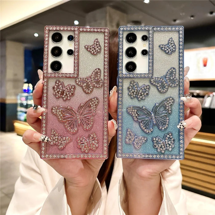 For Samsung Galaxy S25 Ultra Case Rhinestone Butterfly Decor TPU Phone Back Cover - Pink - 4