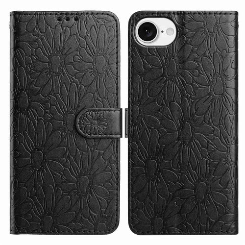 For iPhone 17e / 16e Leather Case Daisy Imprint Wallet Stand Phone Protective Cover - Black - 1