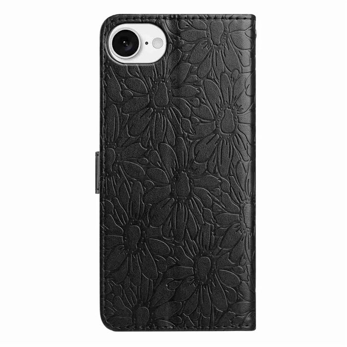 For iPhone 17e / 16e Leather Case Daisy Imprint Wallet Stand Phone Protective Cover - Black - 5