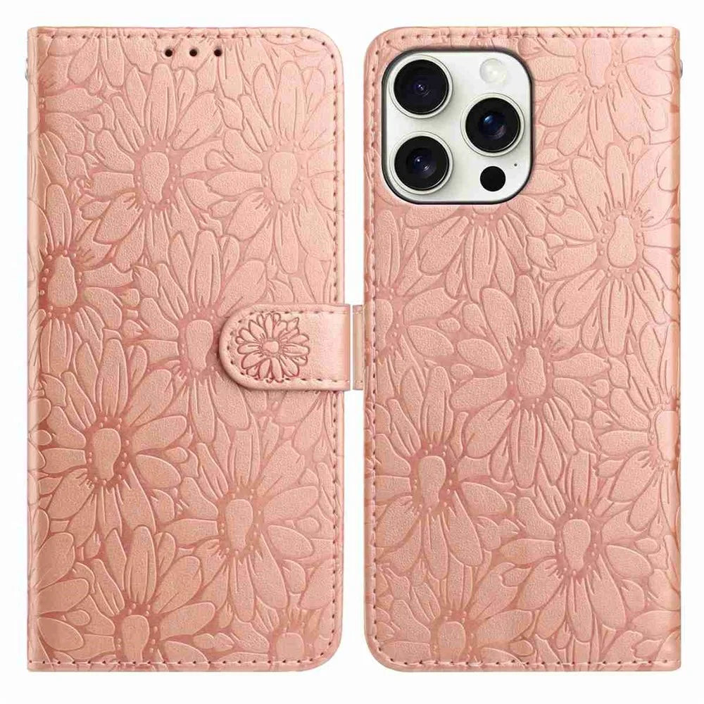 For iPhone 16 Pro Max Leather Case Daisy Imprint Wallet Stand Phone Protective Cover - Rose Gold - 1