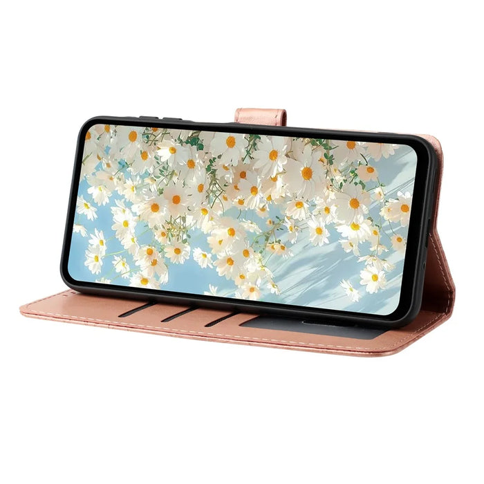 For iPhone 16 Pro Max Leather Case Daisy Imprint Wallet Stand Phone Protective Cover - Rose Gold - 3