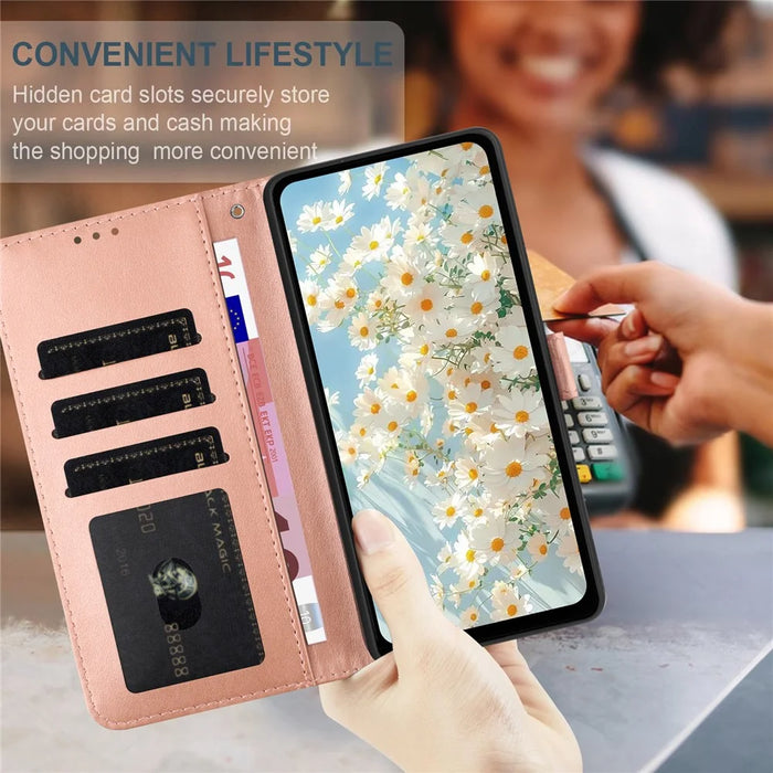 For iPhone 16 Pro Max Leather Case Daisy Imprint Wallet Stand Phone Protective Cover - Rose Gold - 4
