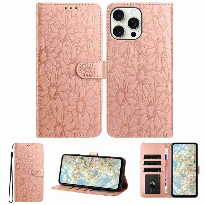 For iPhone 16 Pro Max Leather Case Daisy Imprint Wallet Stand Phone Protective Cover - Rose Gold - 5