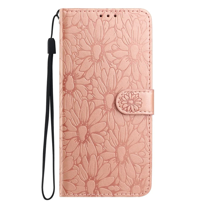 For iPhone 16 Pro Max Leather Case Daisy Imprint Wallet Stand Phone Protective Cover - Rose Gold - 6