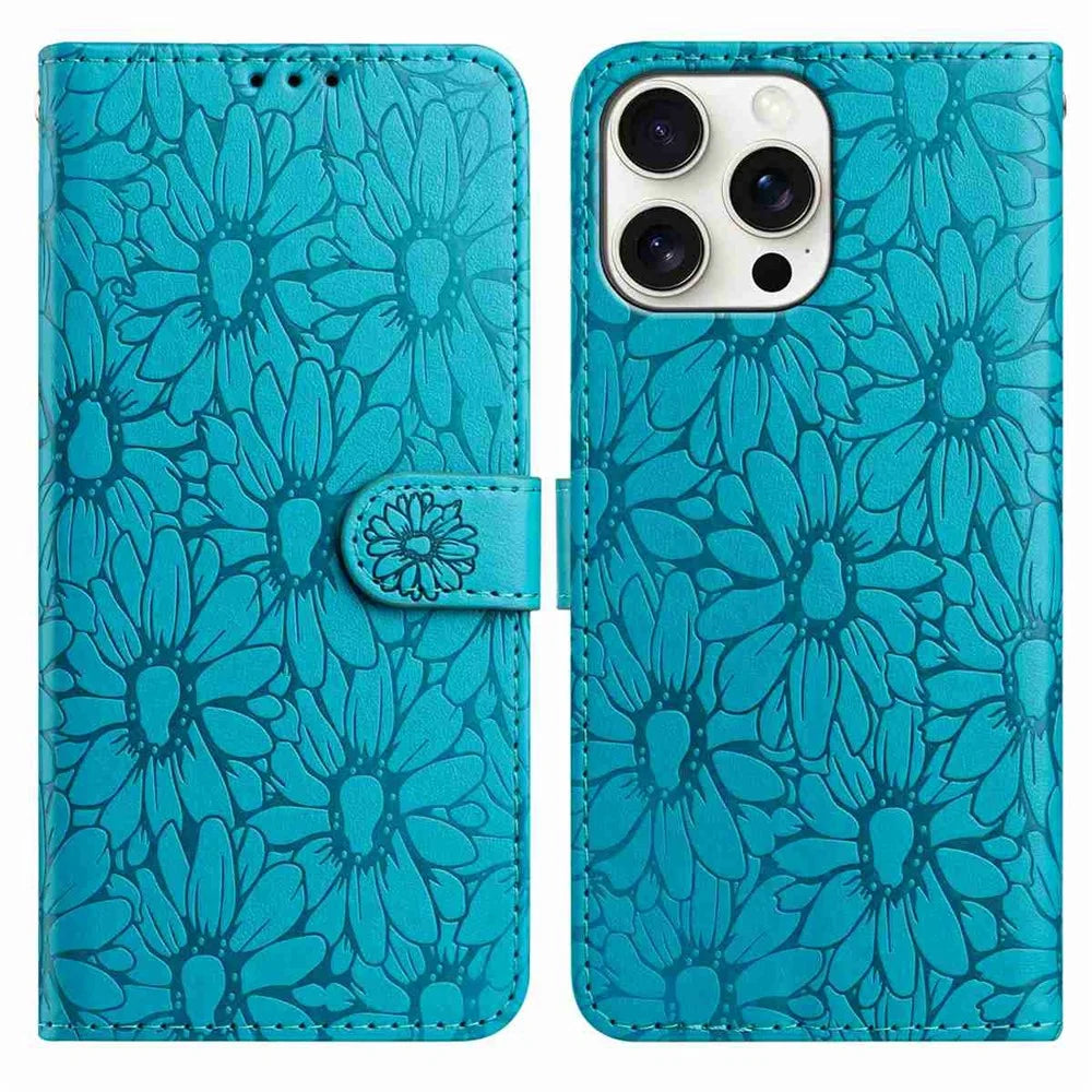 For iPhone 16 Pro Leather Case Daisy Imprint Wallet Stand Phone Protective Cover - Baby Blue - 1