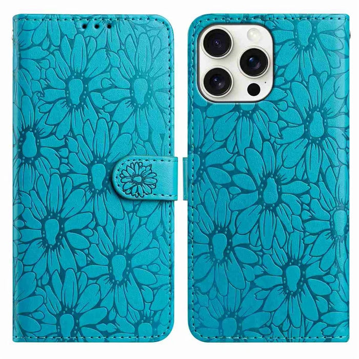For iPhone 16 Pro Leather Case Daisy Imprint Wallet Stand Phone Protective Cover - Baby Blue - 1