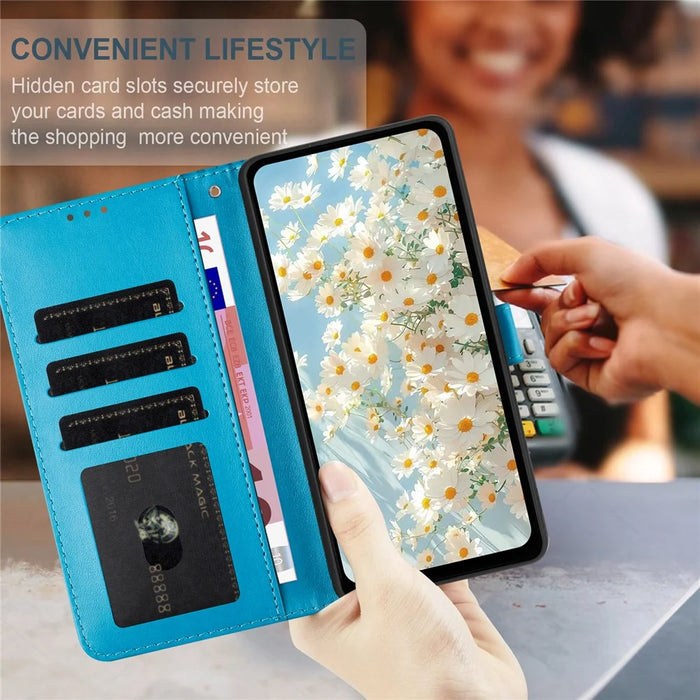 For iPhone 16 Pro Leather Case Daisy Imprint Wallet Stand Phone Protective Cover - Baby Blue - 4