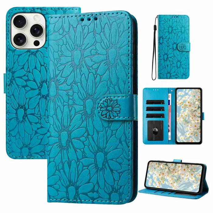 For iPhone 16 Pro Leather Case Daisy Imprint Wallet Stand Phone Protective Cover - Baby Blue - 5