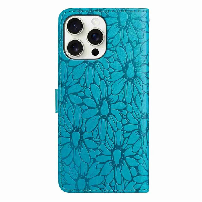 For iPhone 16 Pro Leather Case Daisy Imprint Wallet Stand Phone Protective Cover - Baby Blue - 7