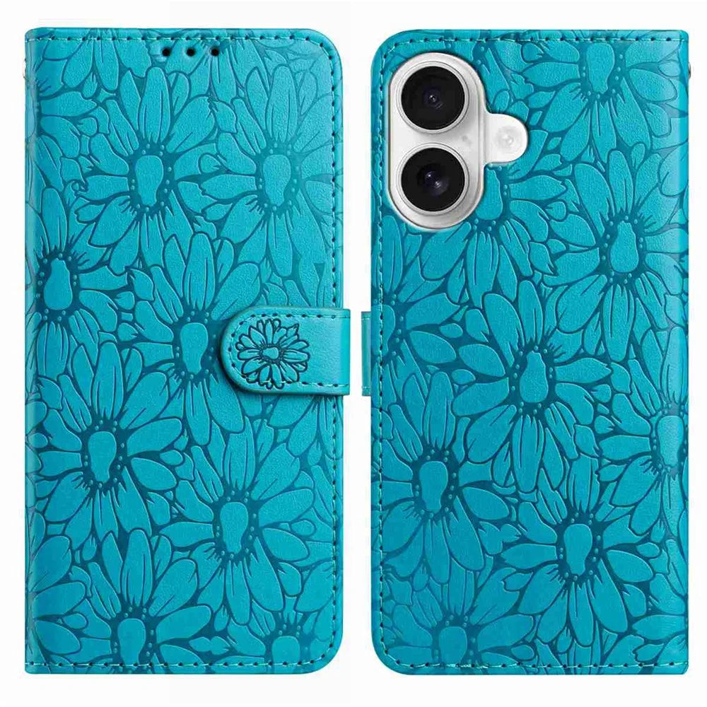 For iPhone 16 Leather Case Daisy Imprint Wallet Stand Phone Protective Cover - Baby Blue - 1