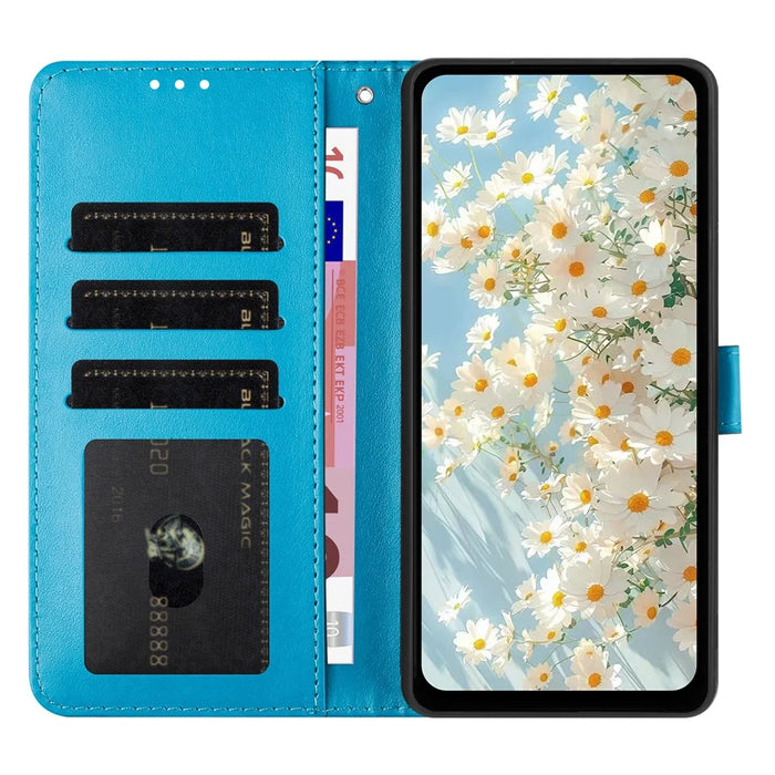 For iPhone 16 Leather Case Daisy Imprint Wallet Stand Phone Protective Cover - Baby Blue - 2